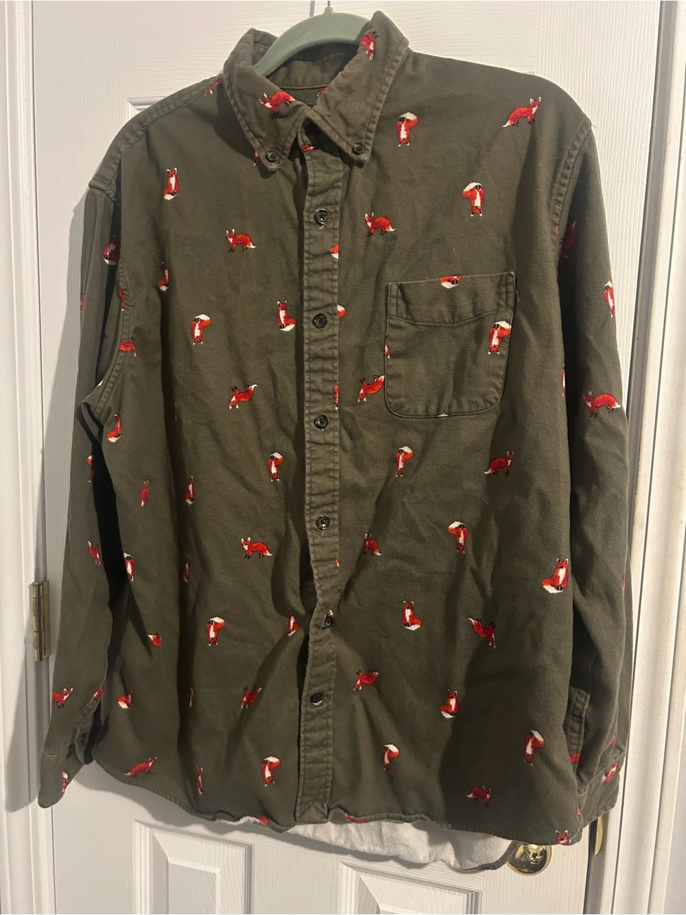Lands' End Olive Green Button-Down Shirt with Red Fox Motif